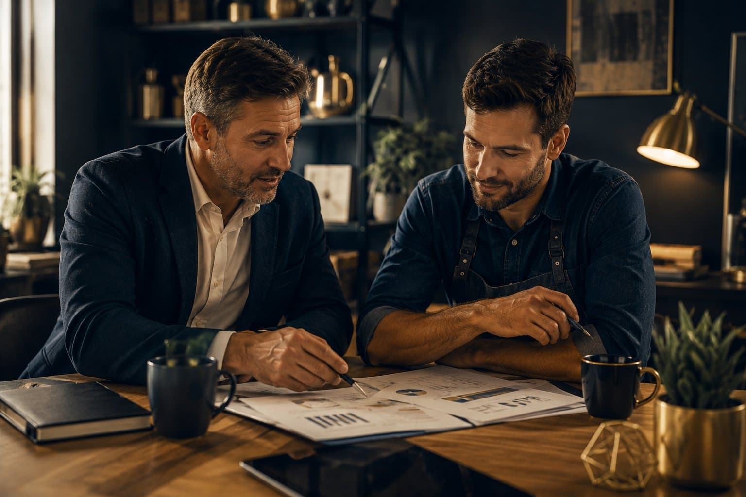 Two people reviewing business process and spend charts together at a desk
