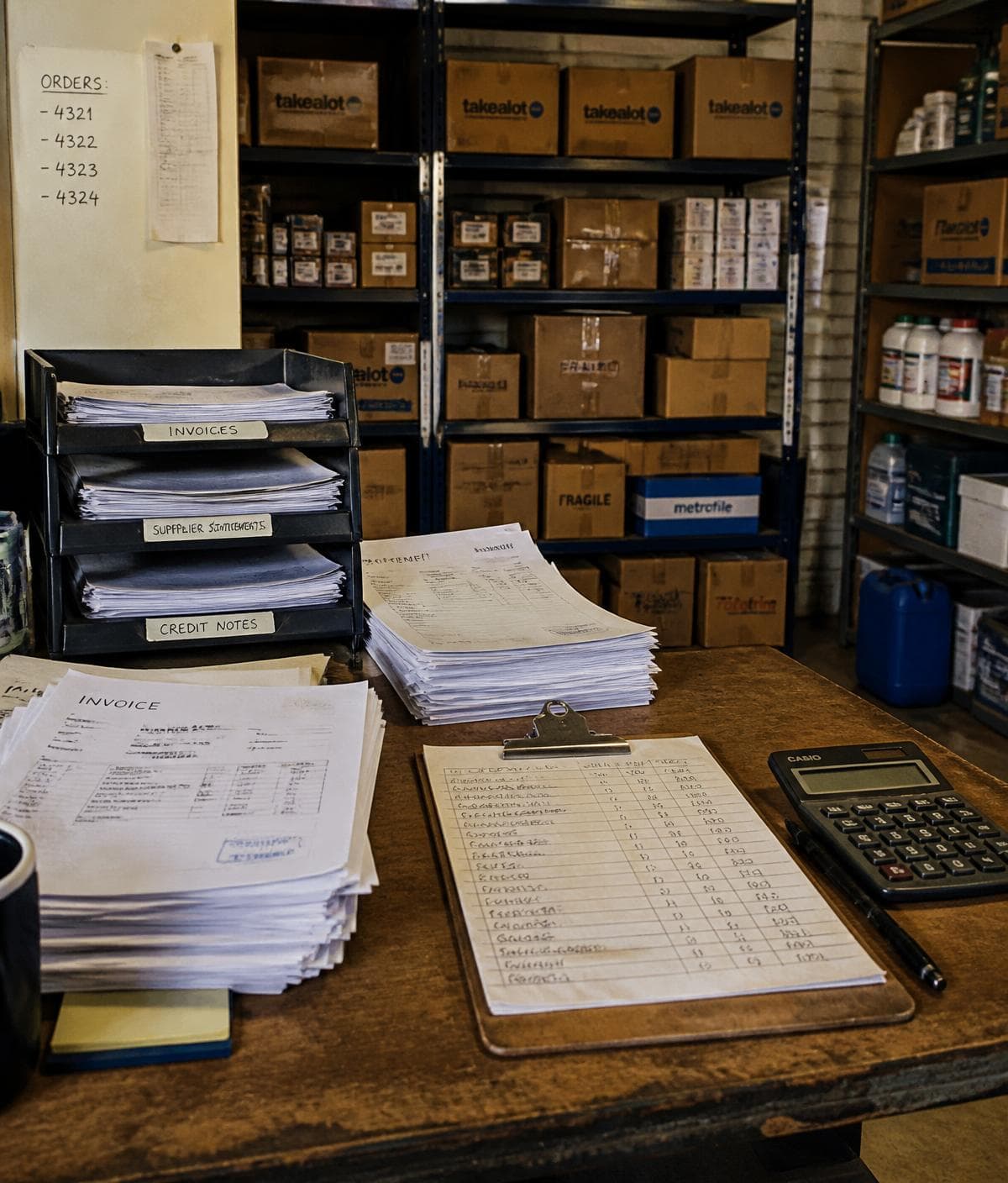 A cluttered small business stockroom with paperwork and stacked orders